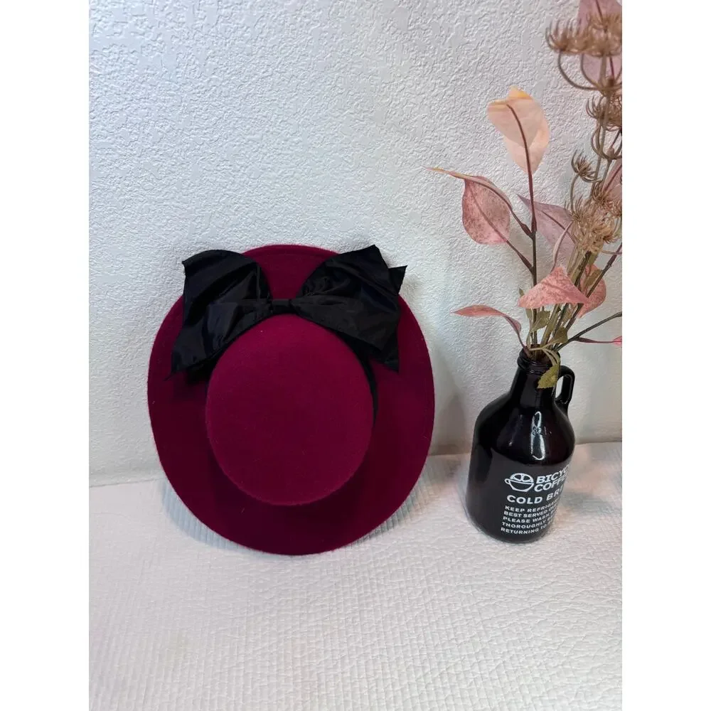 Whittall & Javits Red Wool Felt Hat‎ Black Bow Statement Elegant Derby Church